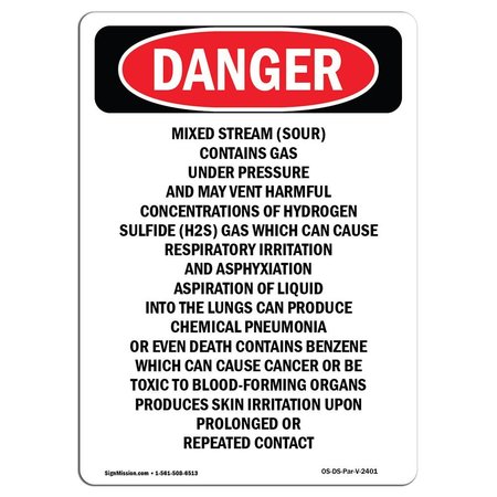 SIGNMISSION Safety Sign, OSHA Danger, 14" Height, Mixed Stream (Sour) Contains Gas, Portrait OS-DS-D-1014-V-2401